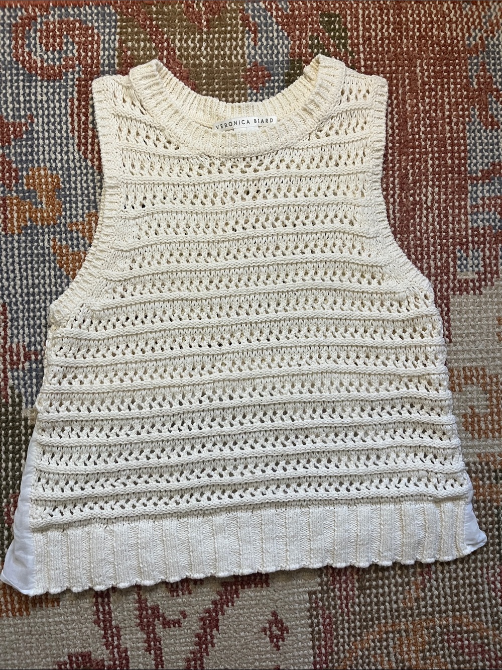 Veronica Beard Sade Mixed Media Tank Ivory Cotton Knit Front Sleeveless Top Sz M